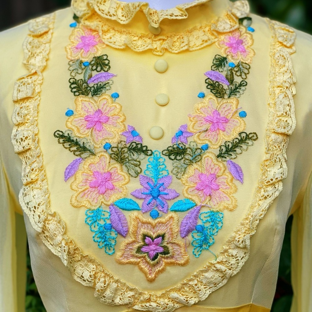 70's Pastel Yellow Embroidered Floral Chiffon Maxi - Picture 6 of 12